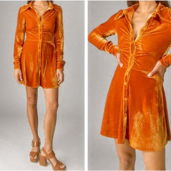 New Urban Outfitters Nellie Velvet Ruched Mini Dress Orange Size Small - Picture 1 of 15